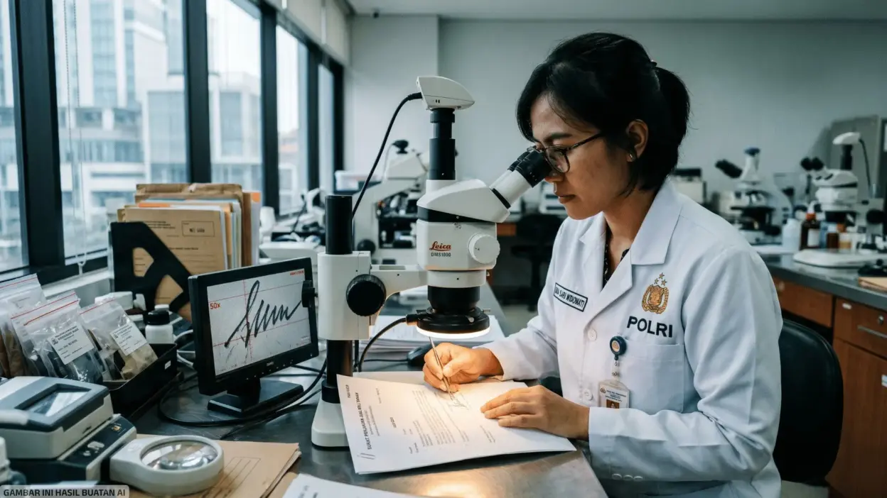 Pakar laboratorium forensik sedang melakukan uji mikroskopis pada tanda tangan dokumen sengketa untuk pembuktian ilmiah di pengadilan.