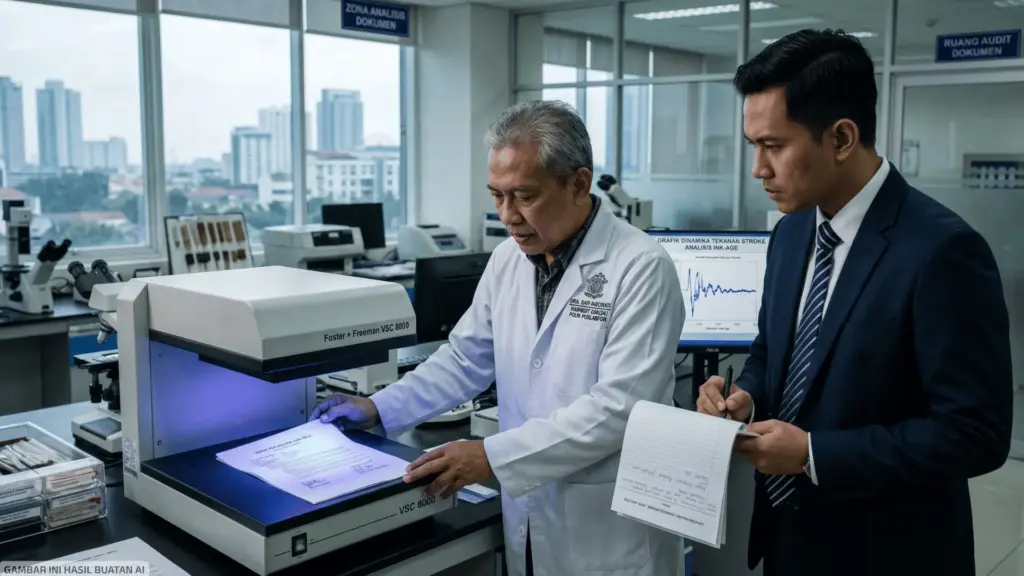 Ahli forensik menunjukkan hasil analisis spektrum tinta pada dokumen menggunakan alat VSC (Video Spectral Comparator) kepada praktisi hukum, Training Grafonomi