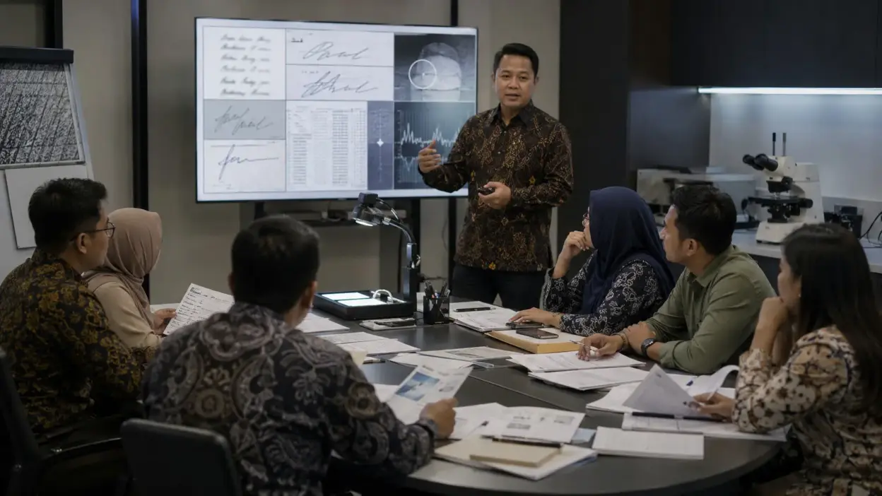 Instruktur menjelaskan analisis dokumen dan tanda tangan dalam sesi IHT Grafonomi di ruang laboratorium forensik.