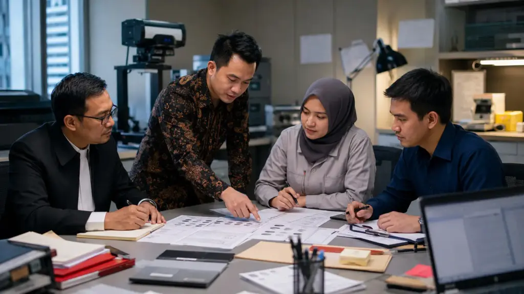 Tim profesional berdiskusi dalam sesi IHT Grafonomi untuk memahami pemeriksaan bukti dokumen dan tanda tangan.