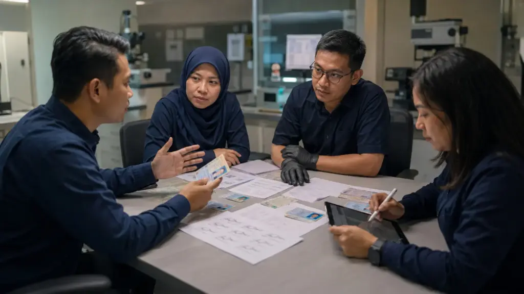 Tim profesional berdiskusi dalam pelatihan grafonomi untuk memahami risiko bukti dokumen dan identitas palsu.