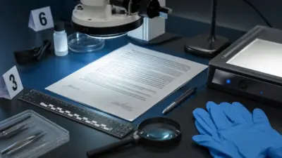 Ilustrasi laboratorium forensik dengan dokumen, mikroskop digital, kaca pembesar, alat pemeriksaan, dan sarung tangan di meja laboratorium.
