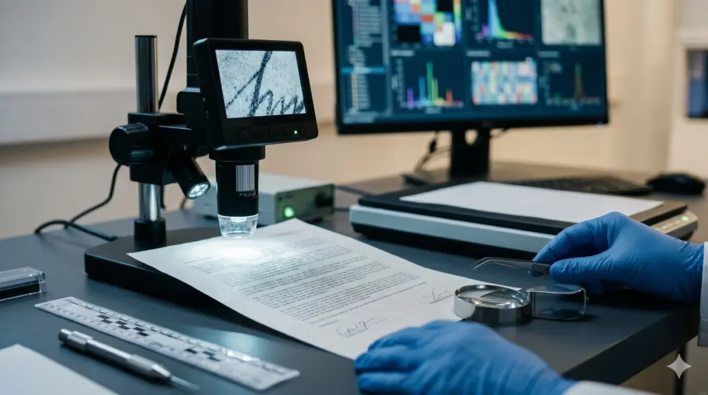 Ilustrasi analisis bukti dengan teknologi forensik menggunakan dokumen, mikroskop digital, scanner, cahaya khusus, dan alat laboratorium forensik.