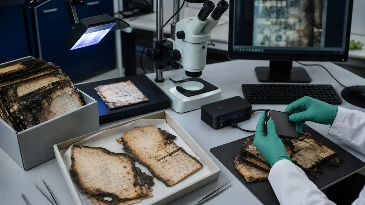 Meja laboratorium forensik dokumen memeriksa arsip kebakaran dan bukti digital
