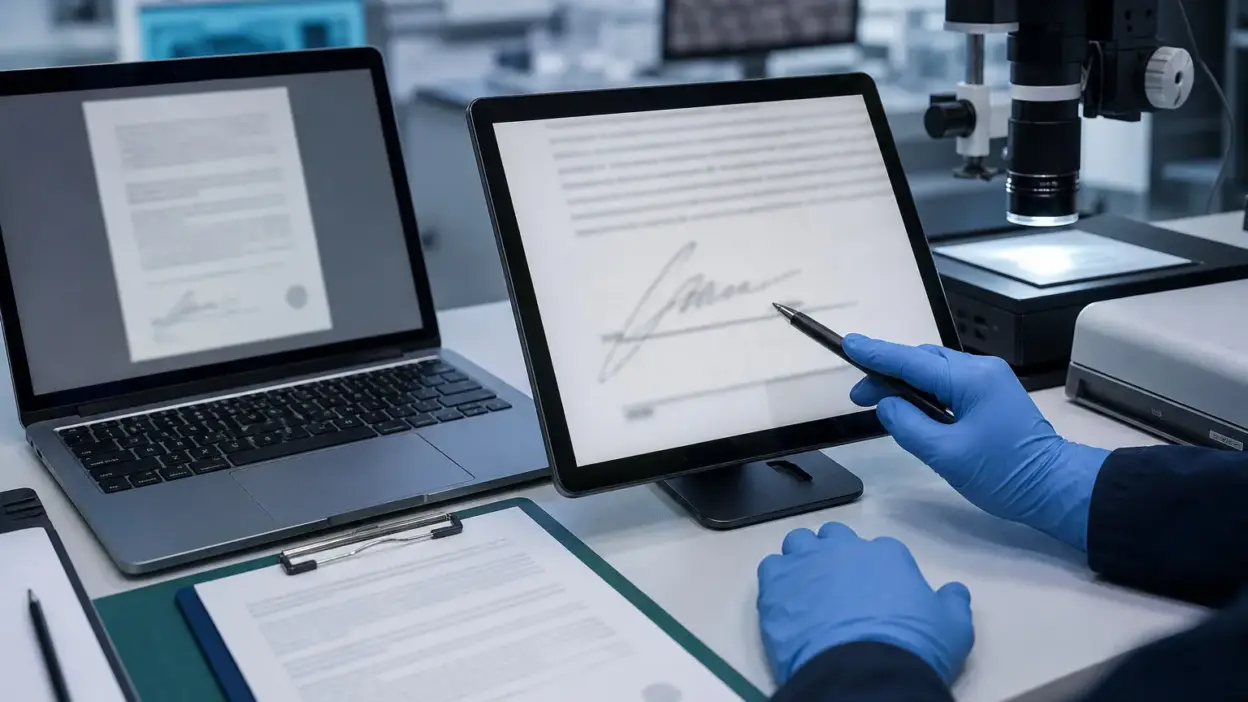 Analis forensik dokumen memeriksa tanda tangan pada dokumen digital di laboratorium