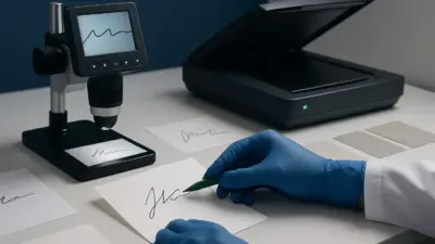 Meja laboratorium forensik dokumen dengan analisis rekaman CCTV dan dokumen digital