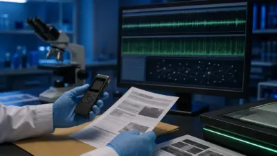 Meja laboratorium forensik dokumen dengan rekaman digital dan dokumen terkait yang sedang dianalisis
