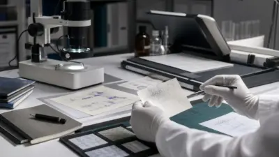 Meja laboratorium forensik dokumen memeriksa arsip terbakar dengan scanner dan bukti digital