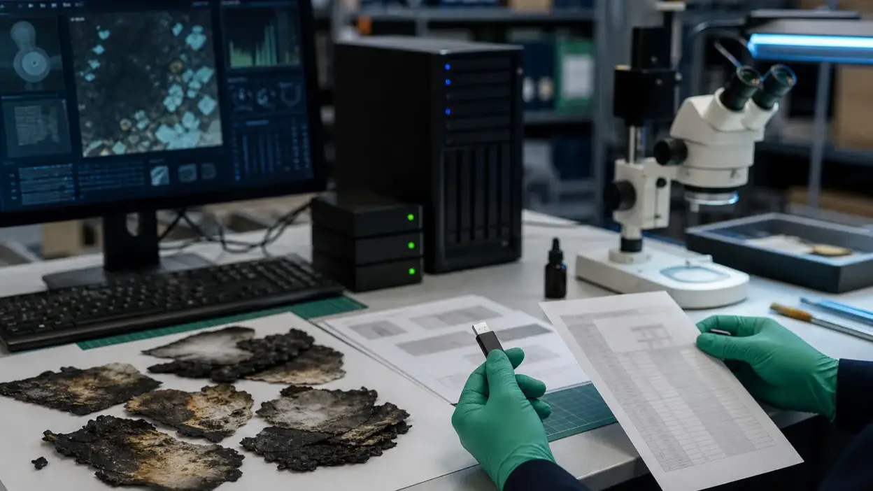 Meja laboratorium forensik dokumen dengan komputer, berkas, dan perangkat analisis bukti digital pasca kebakaran fasilitas