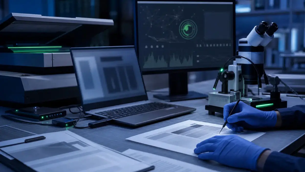 Meja laboratorium forensik dokumen dengan perangkat analisis bukti digital, scanner, dan dokumen tanpa teks terbaca