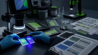 Analis memeriksa label dan sertifikat produk di laboratorium forensik dokumen