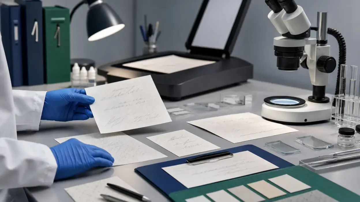 Analis laboratorium forensik dokumen memeriksa label produk pangan di bawah mikroskop digital