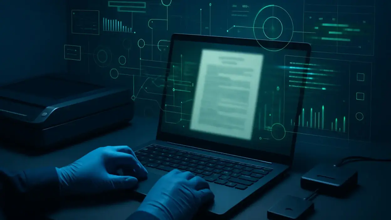 Meja laboratorium forensik dokumen digital dengan laptop, scanner, dan analisis tanda tangan digital