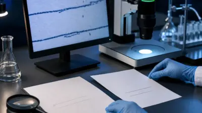 Analis laboratorium dokumen memeriksa dua tanda tangan dengan mikroskop digital dan kaca pembesar