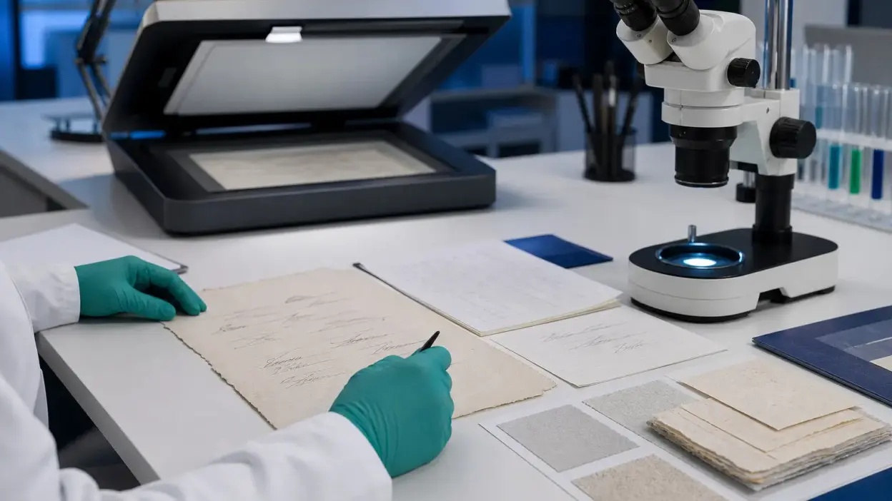 Analis laboratorium forensik dokumen memeriksa profil tekanan tulisan pada tanda tangan sertifikat tanah menggunakan mikroskop digital