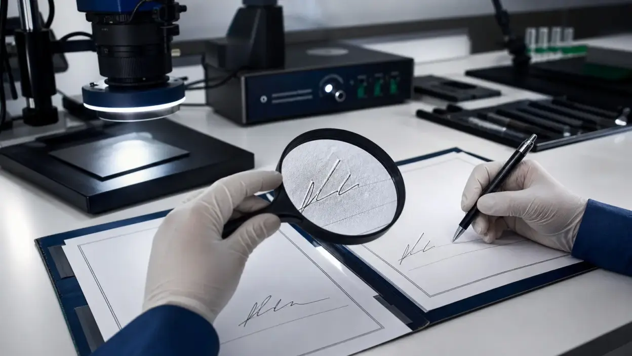 Pemeriksaan grafonomi forensik dengan analisis tekanan tulisan pada dokumen perusahaan di laboratorium forensik dokumen