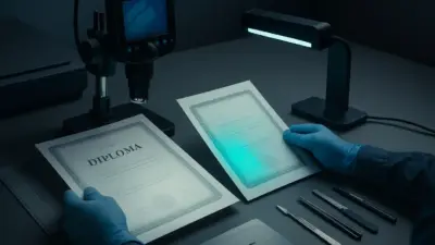 Meja laboratorium forensik dokumen memeriksa ijazah dengan mikroskop digital dan lampu UV