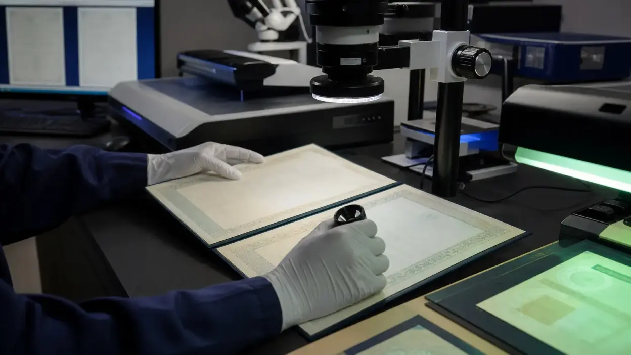 Analis memeriksa dua ijazah di meja laboratorium forensik dokumen dengan mikroskop digital dan lampu UV