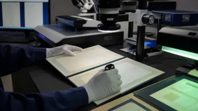 Analis memeriksa dua ijazah di meja laboratorium forensik dokumen dengan mikroskop digital dan lampu UV