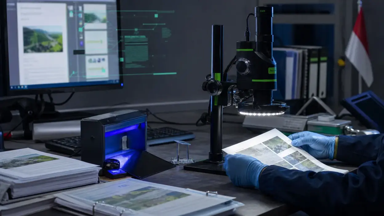 Analis memeriksa dokumen lingkungan di laboratorium forensik dokumen dengan mikroskop digital dan berkas digital