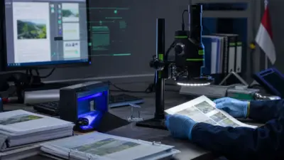 Analis memeriksa dokumen lingkungan di laboratorium forensik dokumen dengan mikroskop digital dan berkas digital