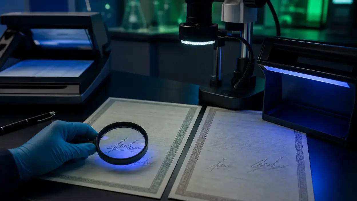 Analis memeriksa dokumen tanah adat dengan mikroskop digital dan kaca pembesar di laboratorium forensik dokumen