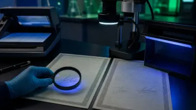 Analis memeriksa dokumen tanah adat dengan mikroskop digital dan kaca pembesar di laboratorium forensik dokumen