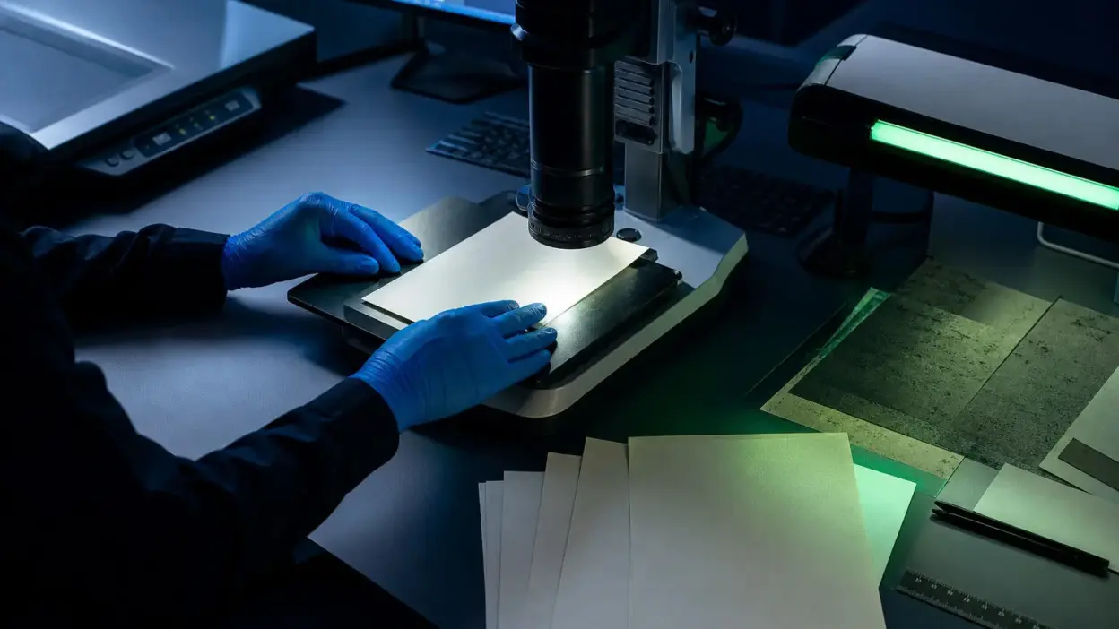 Meja laboratorium forensik dokumen Indonesia dengan mikroskop digital yang memeriksa dokumen dan bukti digital