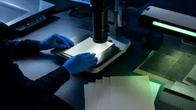 Meja laboratorium forensik dokumen Indonesia dengan mikroskop digital yang memeriksa dokumen dan bukti digital