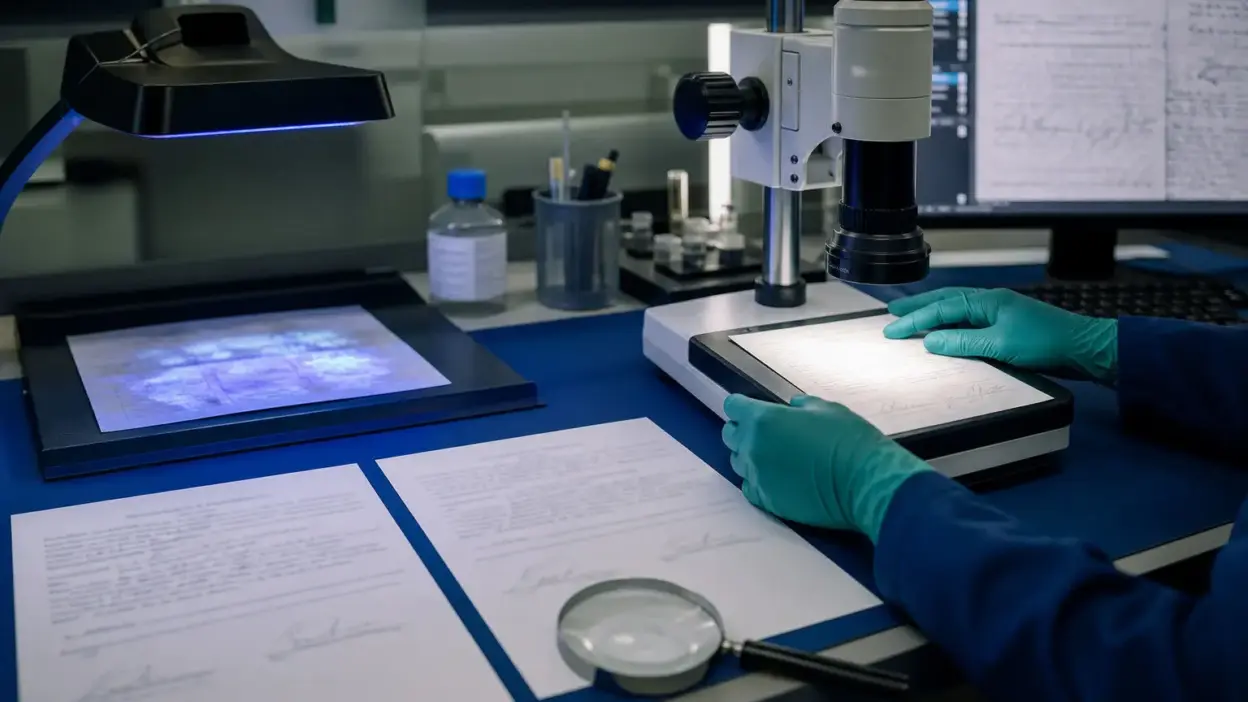 Meja laboratorium forensik dokumen dengan perbandingan tanda tangan dan mikroskop digital