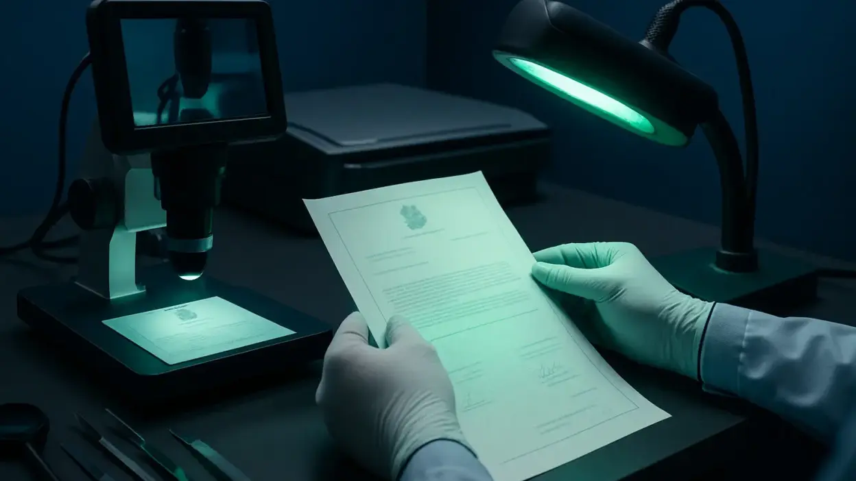 Pemeriksa laboratorium forensik dokumen menganalisis dokumen resmi dengan mikroskop digital dan lampu UV