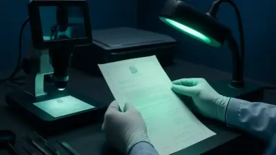 Pemeriksa laboratorium forensik dokumen menganalisis dokumen resmi dengan mikroskop digital dan lampu UV
