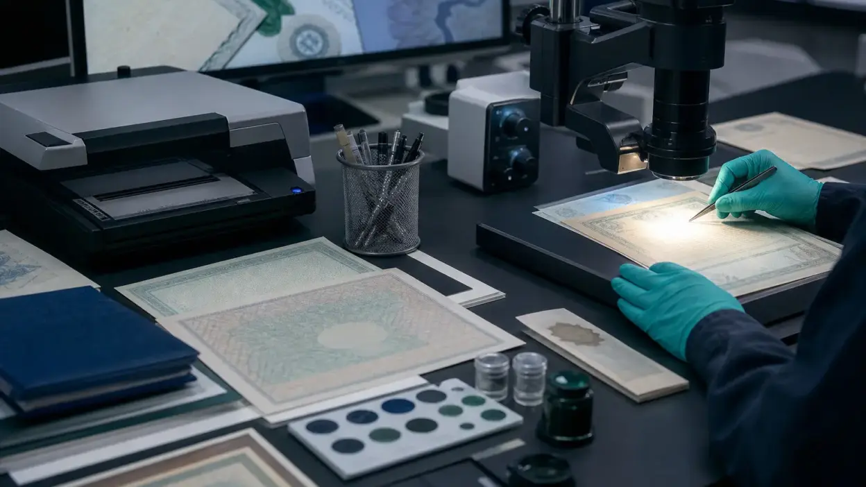 Pemeriksaan ilmiah ijazah dengan mikroskop digital dan analisis tinta di laboratorium forensik dokumen