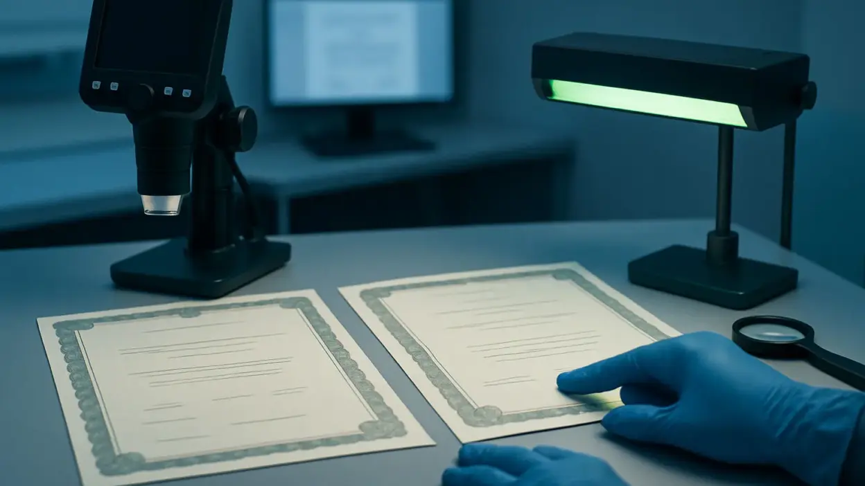 Analis forensik dokumen memeriksa dua ijazah di meja laboratorium dengan mikroskop digital dan lampu UV