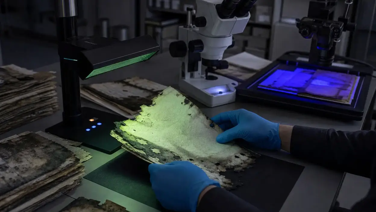 Analis laboratorium forensik dokumen memeriksa arsip terbakar dengan mikroskop digital dan cahaya khusus