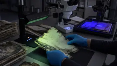 Analis laboratorium forensik dokumen memeriksa arsip terbakar dengan mikroskop digital dan cahaya khusus