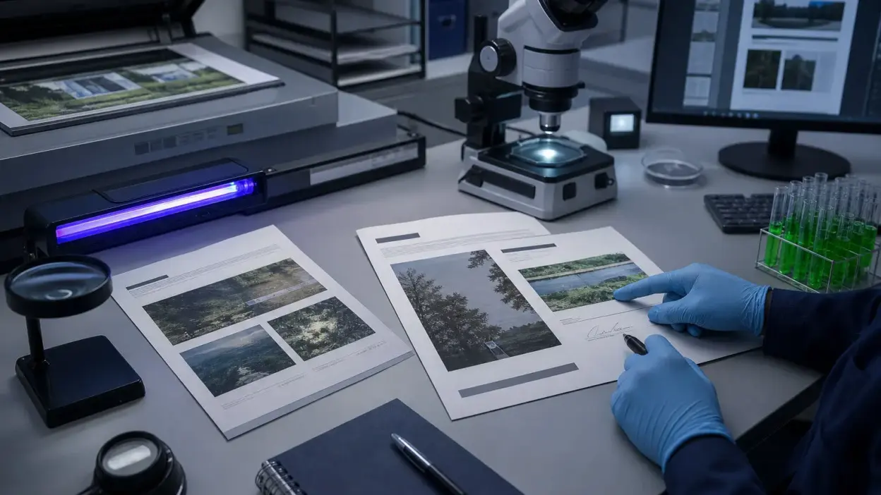Meja laboratorium forensik dokumen memeriksa laporan lingkungan dengan mikroskop digital dan scanner