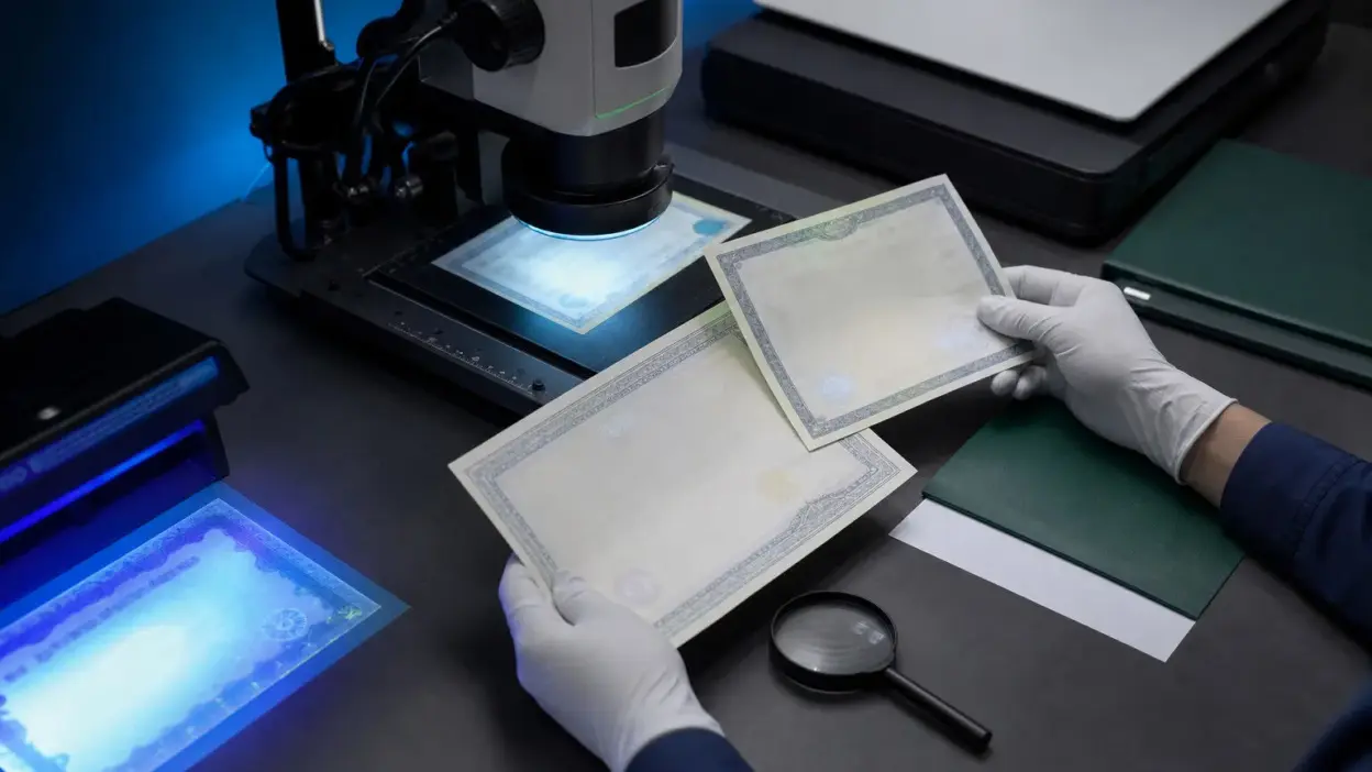 Analis memeriksa dokumen ijazah di laboratorium forensik dokumen dengan mikroskop digital dan lampu UV