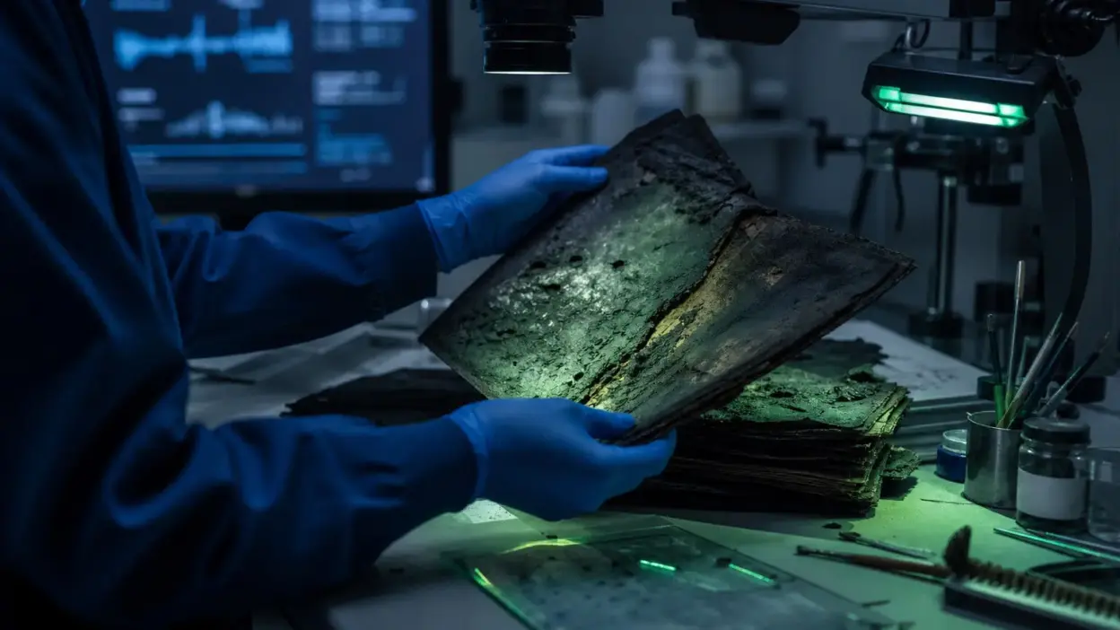 Analis laboratorium memeriksa dokumen kebakaran pelabuhan yang hangus dengan mikroskop digital dan lampu khusus