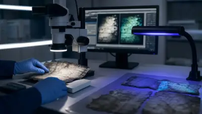 Analis memeriksa dokumen kebakaran gudang yang gosong dengan mikroskop digital dan lampu khusus di laboratorium forensik dokumen