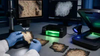 Meja laboratorium forensik dokumen memeriksa kertas hangus dengan mikroskop digital dan lampu UV