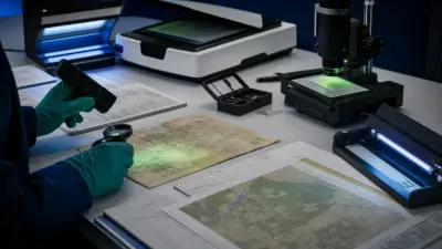 Analis laboratorium memeriksa dokumen lingkungan dengan mikroskop digital dan lampu forensik