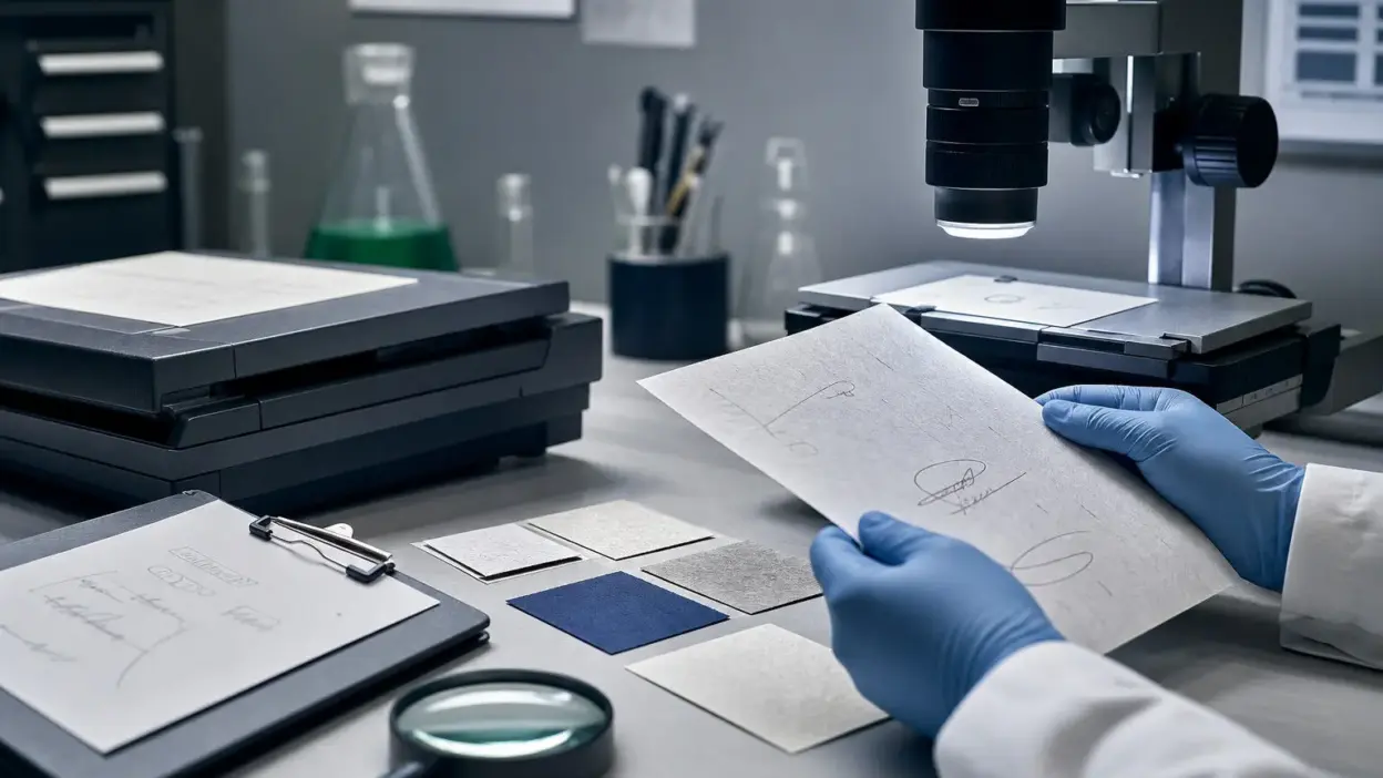 Suasana laboratorium forensik dokumen dengan analis memeriksa dua dokumen di bawah mikroskop digital