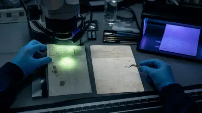 Analis memeriksa dokumen dengan mikroskop digital dalam laboratorium forensik dokumen