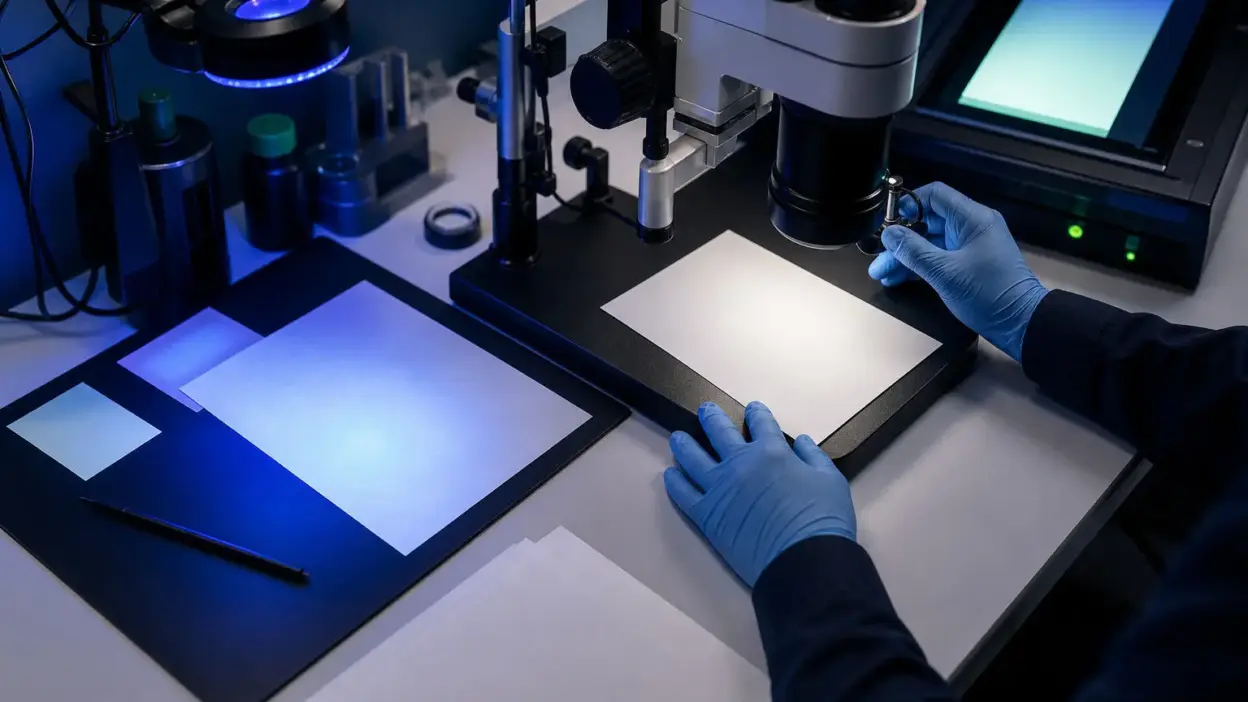 Meja laboratorium forensik dokumen dengan mikroskop digital dan dokumen tanpa teks terbaca