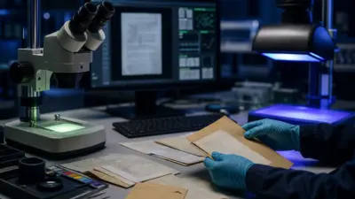 Meja laboratorium forensik dokumen memeriksa dokumen kertas dan bukti digital dengan mikroskop digital dan lampu UV