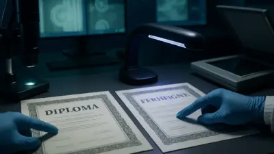 Meja laboratorium forensik dokumen dengan ijazah dan sertifikat yang diperiksa secara ilmiah