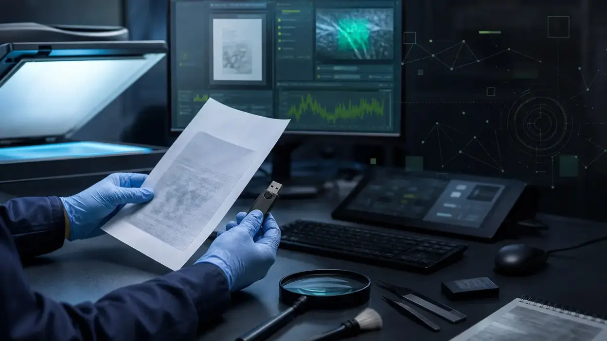 Meja laboratorium forensik dokumen yang memeriksa bukti digital dan dokumen tercetak
