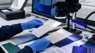 Meja laboratorium forensik dokumen dengan analis memeriksa dua dokumen di bawah mikroskop digital