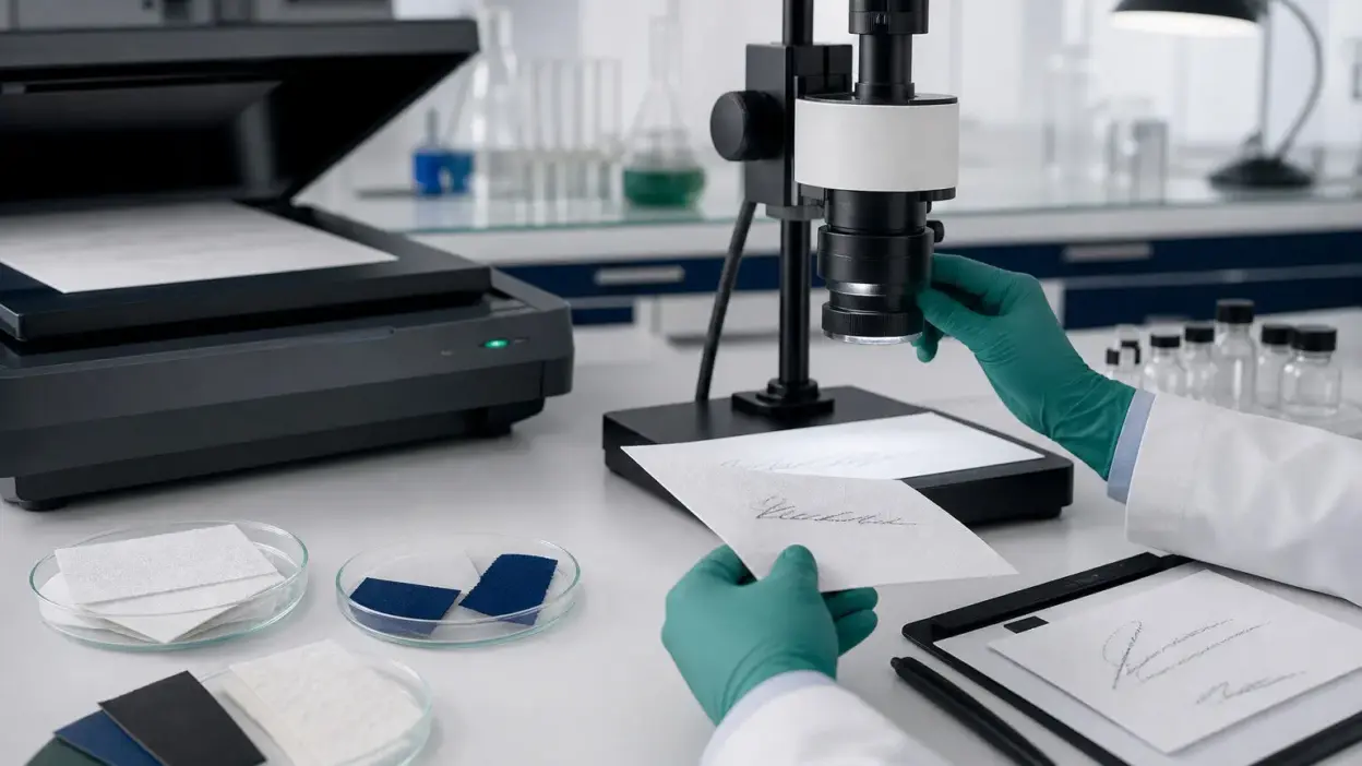 Meja laboratorium forensik dokumen dengan analis membandingkan dokumen dan analisis AI